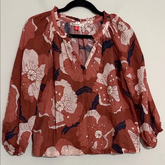 Lana Jacquard Blouse Floral Terracotta Blouse women XS gauze boho festival Y2K - Picture 2 of 9